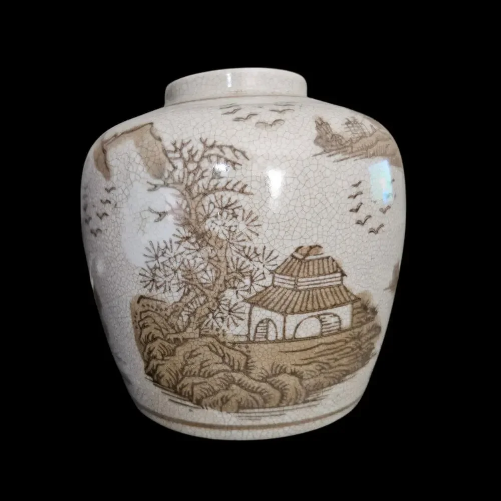 Creative Co-Op Crackle Glaze Ginger Jar Vase Asian Landscape Stoneware Decor